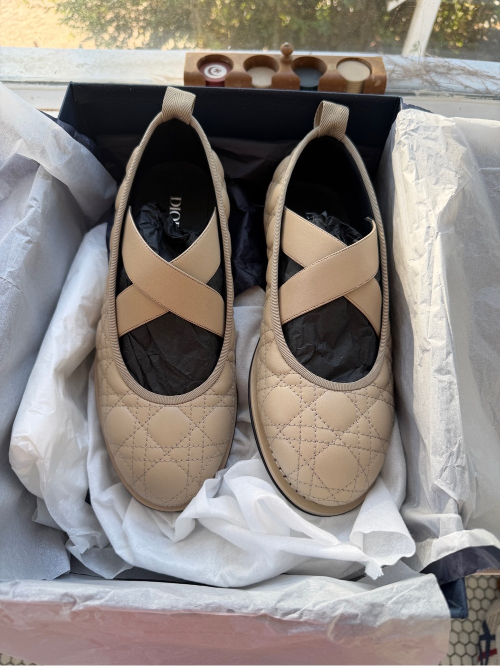 Dior Quilted Beige Leather Ballet Flats with Crisscross Straps